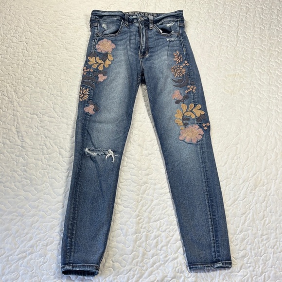 American Eagle Outfitters Blue Floral Embroidered Skinny Jeans size 2 short - Picture 1 of 7